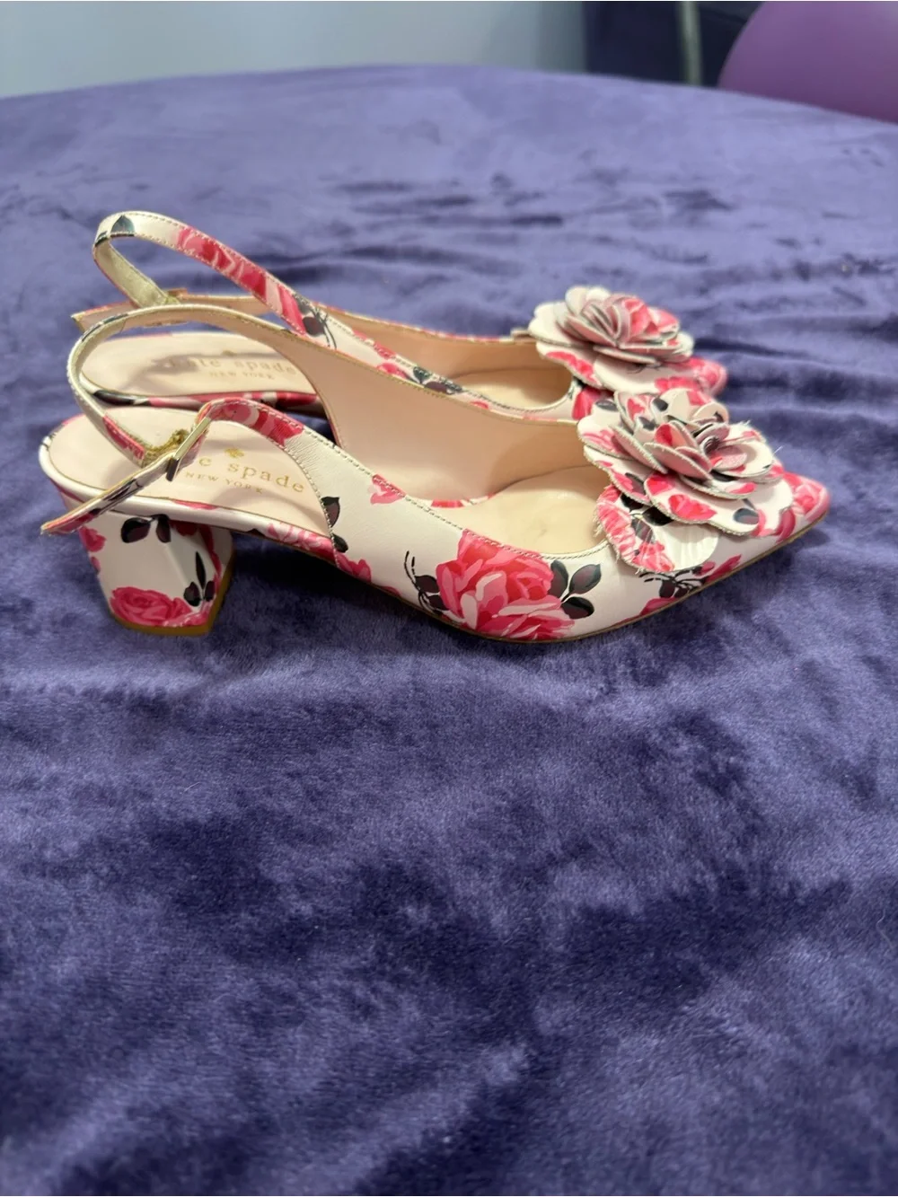 Kate Spade Pink Floral Pointed Slingback Heels with Rose Appliqués